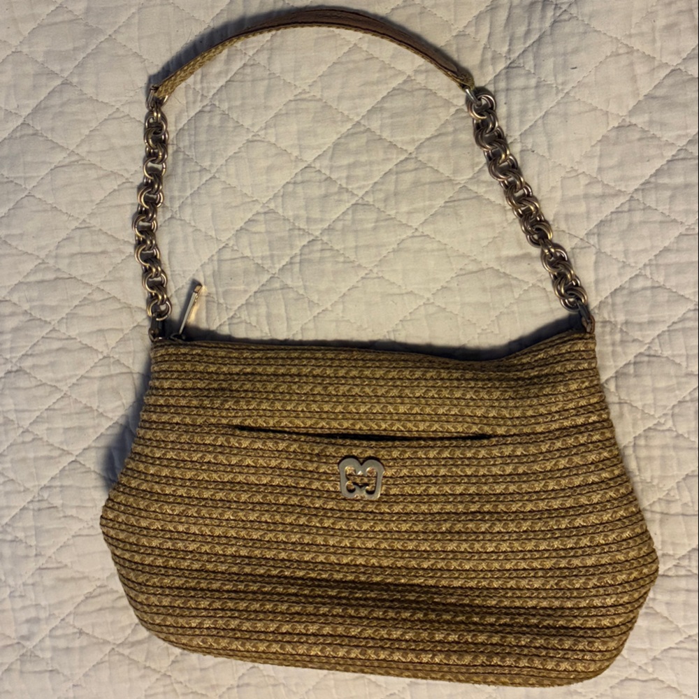 Eric Javitz Vintage Woven Straw Shoulder Bag with Chain Strap pink Lining